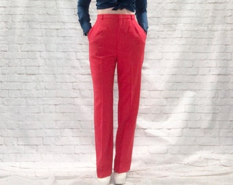 Vintage 70s Haggar Red Polyester Pants M Flat Front Pockets High Waist Straight Leg
