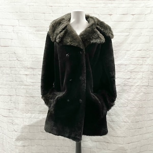 Vintage 70s Black Faux Fur Double Breasted Coat Pockets XL