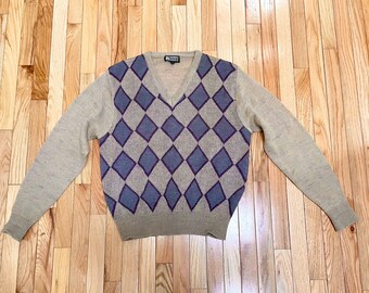 Vintage 80s Men's Argyle Sweater XL Mohair Space Dye Rainbow V-Neck Pullover