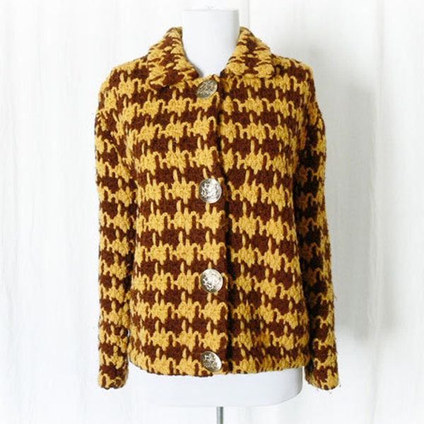 Vintage 50s geweven Houndstooth Plaid Blazer jas L geel bruin Chanel stijl