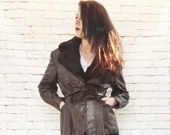 Vintage 70s Oxblood Brown Leather Belted Car Coat Fur Collar Jacket XL