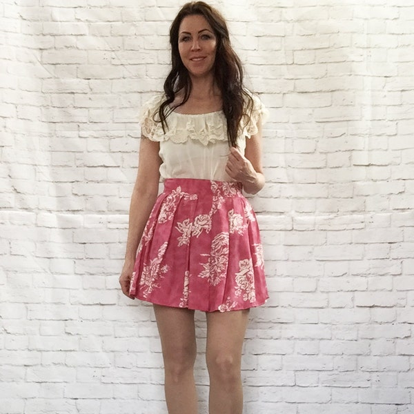 Vintage 90s Micro Mini Skirt S M Pink White Rose Floral Pleated Upcycled