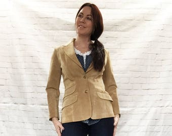 Vintage 70s Elbow Patch Flared Western Riding Jacket XS S Tan Suede Leather Blazer Coat Pockets
