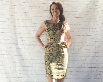 Vintage 60s Gold Black Wiggle Cocktail Dress Metallic Brocade Floral Sleeveless XS S