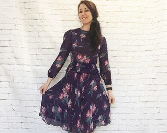 Vintage 70s Sheer Floral Peplum Dress S Purple Puff Sleeve Asymm Knee Length