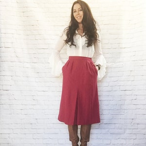 Vintage 70s Rose Wool Skirt S Box Pleat A-Line Knee Length Pockets