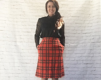 Vintage 60s Mod Pendleton Red Black Plaid Wool Skirt XS Pockets A-Line