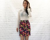 Vintage 60s Sheer White Top Ruffled Neon Floral Quilted Skirt Belted Mini Dress High Collar Edwardian Mod S M