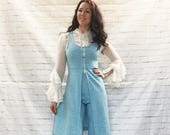 Vintage 60s Mod Edwardian Avant Garde Bellbottom Pants Dress Suit Duster Vest XS S Blue Knit NOS Zum Zum