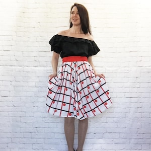 Vintage 70s Does 50s Ruffled On Off Shoulder Rockabilly Peasant Top Patio Belted Swing Dress Red Black White