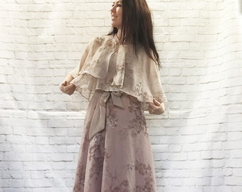 Vintage 70s Bohemian Disco Sheer Floral Layered Cape Dress Belted Tiered Knee Length S M