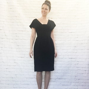 Vintage 50s Black Wide Fitted Waist Kimono Batwing Sleeves Wiggle Pencil Cocktail Dress XS S