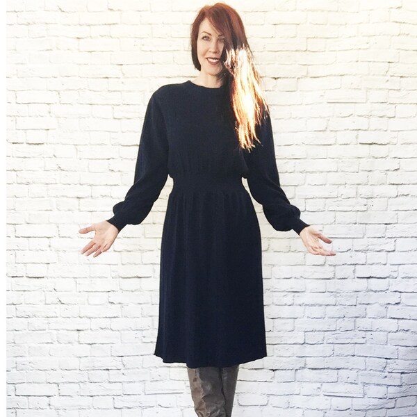 Vintage 80s Navy Blue Striped Knit Sweater Dress S M Button Back Knee Length Wide Fitted Waist