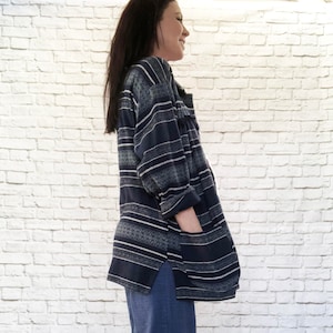 Blazer boyfriend oversize rayé sud-ouest des années 90, veste tissée bleue M