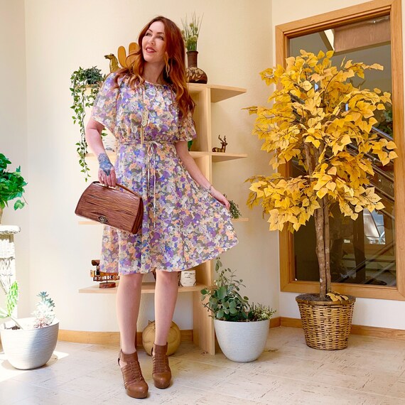 PopFizzVintage Vintage 70s Sheer Floral Flutter Sleeve Midi Dress S/M Belted Pastel *flawed/reduced*