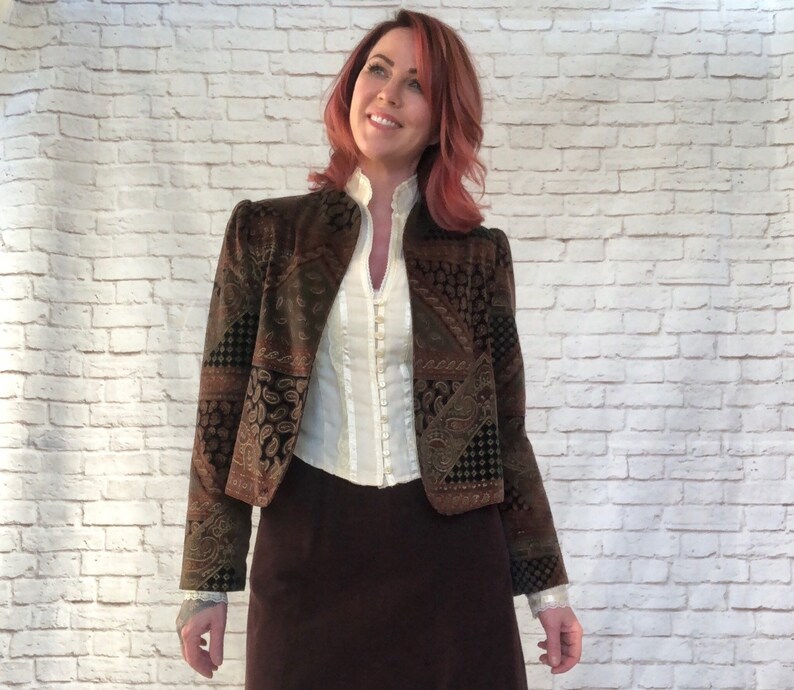 Vintage 80s Metallic Patchwork Print Cropped Velvet Blazer M Gold Brown Paisley
