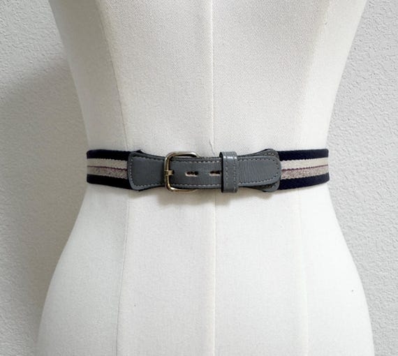Vintage 80s Preppy Woven Cotton Striped Belt Leather Buckle  display picture 2
