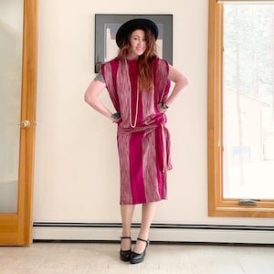 Vintage 80s does 20s Flapper Midi Dress Magenta Striped Dropwaist Hip Sash Tie M