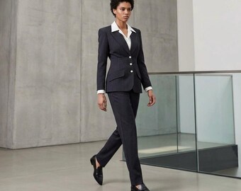 Vintage 90s Does 40s All That Jazz Pinstriped Power Suit Navy Fitted Blazer Jacket Tapered Pants M Dickie Zoot