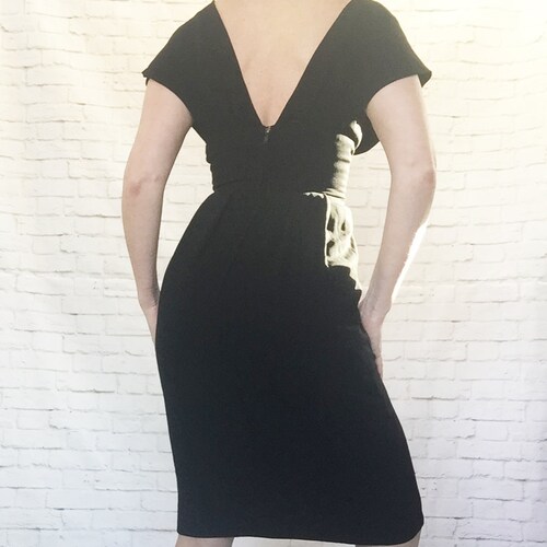 Vintage 50s Black Wide Fitted Waist Kimono Batwing Sleeves shops Wiggle Pencil Cocktail Dress XS S