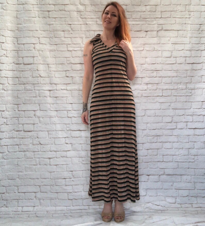 Vintage 60s Metallic Rainbow Striped Maxi Dress Halter Pointed Collar Knit Clearance M L