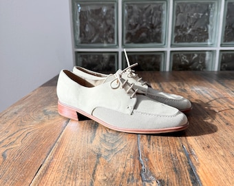 Vintage 80s Bandolino Annie Hall Leather and Woven Beige Oxford Brogue Lace-Up Loafers Shoes 7-7.5