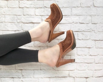 Vintage 70s Suede Clogs Mules Leather QualiCraft 7.5 Wood Platforms 4" Heels Shoes