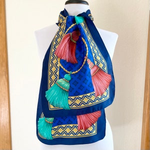 Vintage 80s Equestrian Scarf Long 54” Pink Blue Gold Aqua Tassels Novelty Filigree Border Print