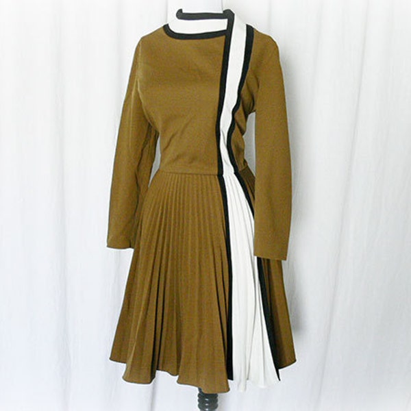 Vintage 60s Striped Color Block Dress Pleated Brown Black White M L
