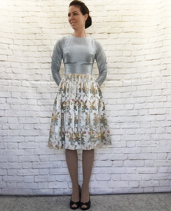 Vintage 50s Silk Satin Jacquard Pleated Skirt Cocktail Dress - Etsy