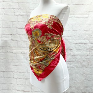 Vintage 80s Large 36” Abstract Paisley Floral Equestrian Square Red Silk Satin Scarf