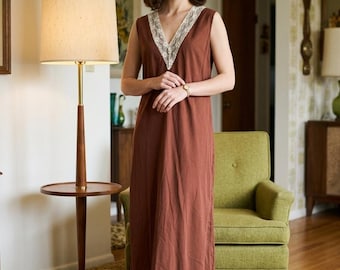 Vintage 60s Brown Nightgown White Lace Trim Maxi Slip Dress Nylon *wounded