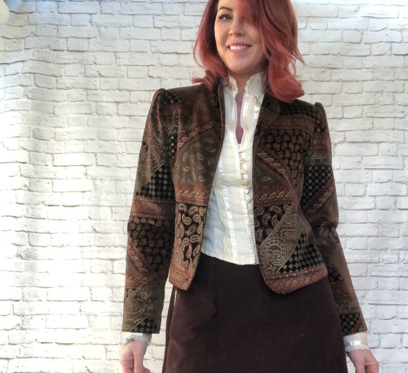 Vintage 80s Metallic Patchwork Print Cropped Velvet Blazer M Gold Brown Paisley