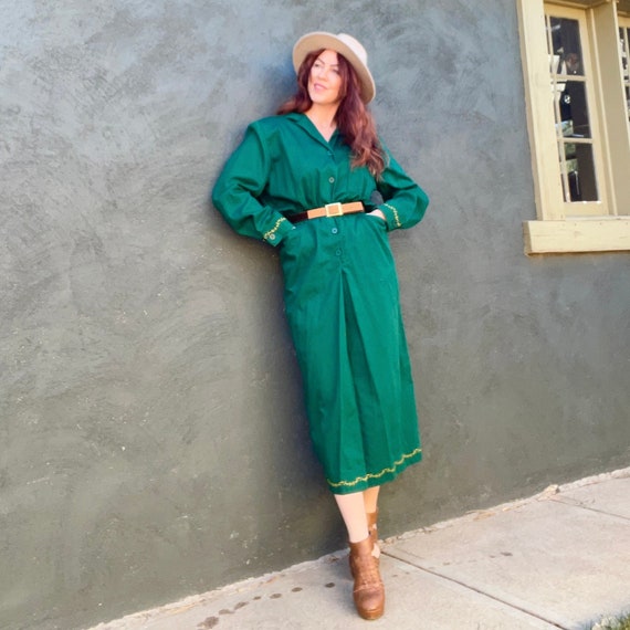 Vintage 80s Bis Bis Avant Garde Shirt Dress S Emerald Green Cotton Gold Embroidered Ivy Trim Midi Pockets Vintage 80s Bis Bis Avant Garde Shirt Dress S Emerald Green Cotton Gold Embroidered Ivy Trim Midi Pockets