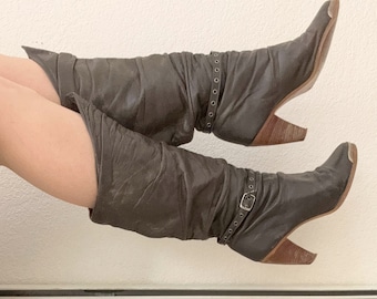 Vintage 80s Zodiac Dark Brown Slouchy Leather Heeled Boots 6.5 7 Distressed Sh*tkickers