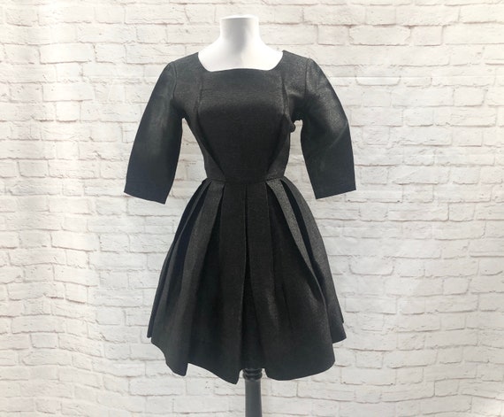 Retro Little Black Cocktail Dress Medium 60s Retro Sleek Crepe Sheath LBD with Rhinestones