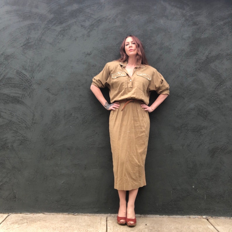 Vintage 80s Dynasty Studded Rhinestone Khaki Safari Midi Dress Flannel M