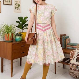 chevron pastel dress Vintage Horrockses Pastel Striped Chevron Dress Cream Pale Blue Turquoise  Small UK 10 Bust 33 34