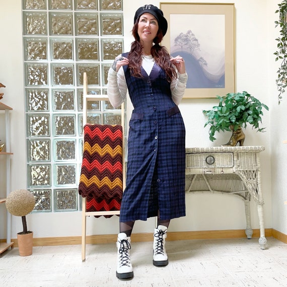 navy blue vest dress Vintage 90s Grunge Jumper Vest Dress Plaid Navy Satin Tie Back Belt Button  Front Dark Academia M