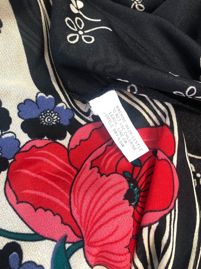 Vintage 70s Border Contrast Print Faux Wrap Dress Black Floral Poppies Abstract Stripes L