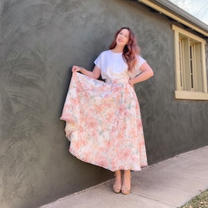 Vintage 80s Sheer Floral Layered Circle Fancy Skirt L Banded Waist Regency Cottage Core Pastel Sheer