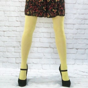Vintage Retro 90s does 60s Mod Bright Yellow Solid Tights Stockings Pantyhose Hosiery Costume XS S M Opaque