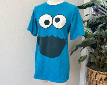 Camiseta vintage Y2K Vila Sésamo Cookie Monster S Unissex Novidade Azul Olhos Googley