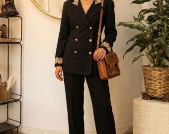 Vintage 80s Black Suit Gold Lace Trim Heritage Chic Nautical Blazer Jacket Pants Set 16 XL NOS