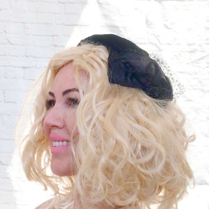 Vintage 40s Black Satin Velvet Headband Fascinator Funeral Netting Bows Goth Rockabilly Hat