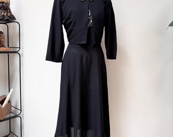 Vintage 40s Suit Bolero Cropped Blazer Jacket Midi Dress Set Black Pink Lace Trim L