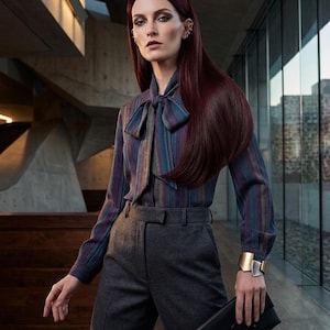 Puede incluir: Una mujer con una blusa a rayas con lazo, pantalones grises y un brazalete de puño dorado y plateado. Sostiene un clutch negro. La blusa tiene rayas verticales en tonos azules, morados y verdes.
