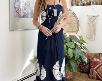 Pantalones cortos estilo boho festival de rayón batik vintage de los 90, top tubo fruncido, talla única, azul y blanco, teñido tie-dye, nuevo sin usar.