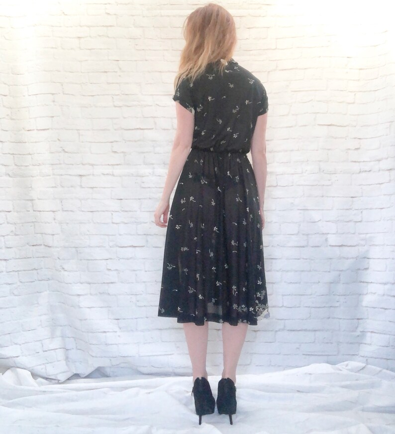 Vintage 70s Border Contrast Print Faux Wrap Dress Black Floral Poppies Abstract Stripes L