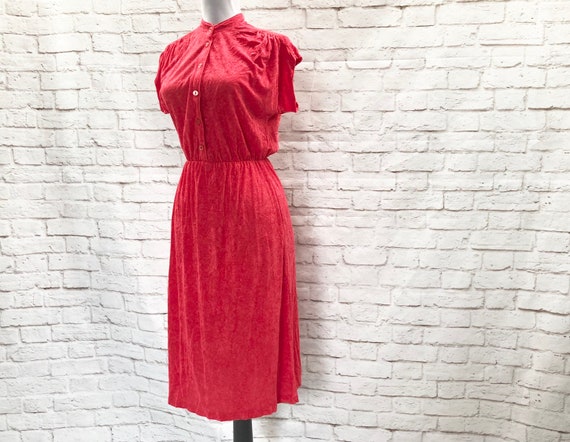 Vintage 70s Strawberry Red French Terry Midi Dress